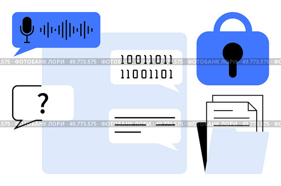 Modern design showing various elements such as speech bubbles, lock icon, binary code, files, and audio waveform. Ideal for cybersecurity, data encryption, digital communication, privacy protection. Digital Communication and Security Features with Encrypted Data and Voice Recognition. Стоковая иллюстрация, агентство Ingram Publishing / Фотобанк Лори