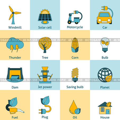 Modern ecologically sustainable energy saving systems flat line icons set with solar cell abstract isolated vector illustration. Стоковая иллюстрация, агентство Ingram Publishing / Фотобанк Лори