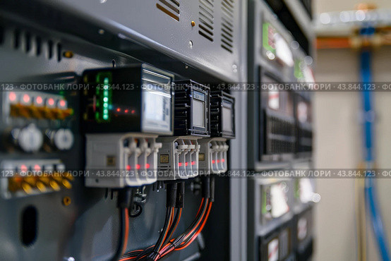 Modern electrical control panel in industrial environment. Стоковое AI-изображение, AI-художник Иван Рябоконь / Фотобанк Лори