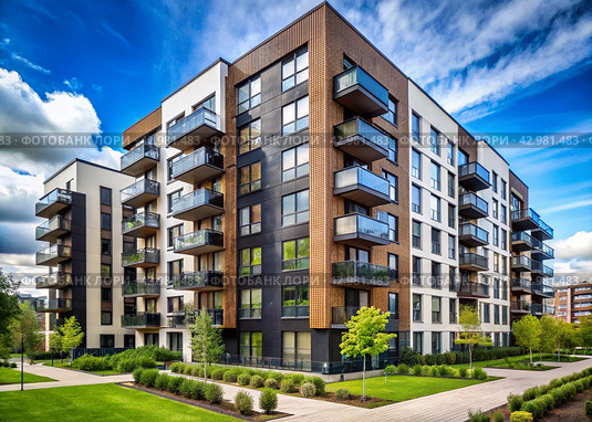 Modern high-rise residential buildings. Construction of new residential areas. New buildings. The construction business. Mortgage for new eco-friendly housing. Стоковое AI-изображение, AI-художник Photojuli / Фотобанк Лори
