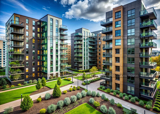 Modern high-rise residential buildings. Construction of new residential areas. New buildings. The construction business. Mortgage for new eco-friendly housing. Стоковое AI-изображение, AI-художник Photojuli / Фотобанк Лори