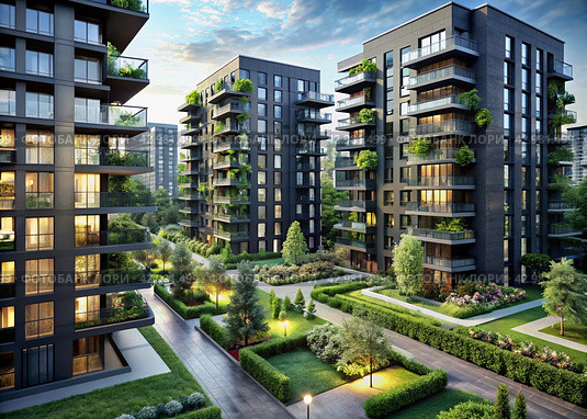 Modern high-rise residential buildings. Construction of new residential areas. New buildings. The construction business. Mortgage for new eco-friendly housing. Стоковое AI-изображение, AI-художник Photojuli / Фотобанк Лори