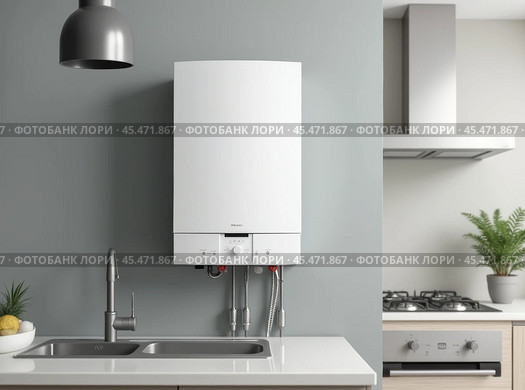 Modern home gas boiler, water heater placed in apartment. White modern home gas copper mounted on a grey wall on a kitchen. Water heater. Water heating, ecology. Стоковое AI-изображение, AI-художник Sergey Grishin / Фотобанк Лори