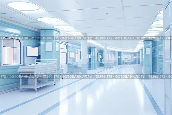 Modern hospital corridor with empty beds and medical equipment. Стоковое AI-изображение, AI-художник Иван Рябоконь / Фотобанк Лори