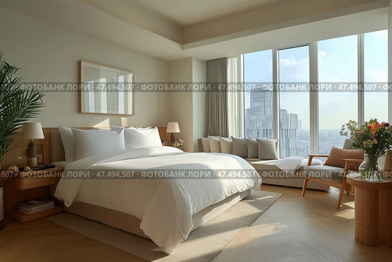Modern hotel room with large windows and elegant decor in urban location. Современный гостиничный номер с большими окнами и элегантным декором в городском районе. Стоковое AI-изображение, AI-художник Katsiaryna Repich / Фотобанк Лори