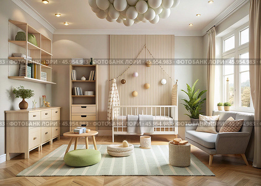 Modern interior design of a children's room with a crib, furniture, toys and personal accessories for a poster. Home decor. Pattern. Стоковое AI-изображение, AI-художник Photojuli / Фотобанк Лори