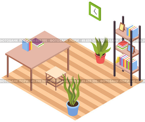 Modern interior of living room. Cosy furnished apartment. Comfy flat with table, stool, bookshelf and houseplants growing in pots and home decorations on white background, elements of furniture. Modern interior of living room. Cosy furnished apartment. Comfy flat with table, stool, bookshelf. Стоковая иллюстрация, агентство Ingram Publishing / Фотобанк Лори