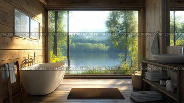 Modern luxury bathroom with picture window overlooking a tranquil lake and lush forest. Стоковое AI-изображение, AI-художник Михаил Коханчиков / Фотобанк Лори