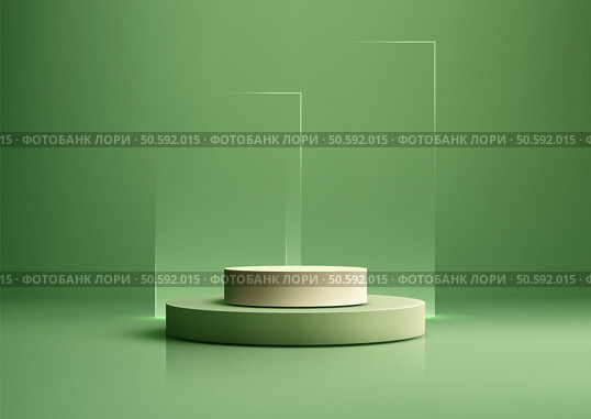 modern luxury two tiered cylindrical podium in shades of green, featuring transparent glass panels, product displays, showroom mockups, or contemporary showcase designs. Стоковая иллюстрация, агентство Ingram Publishing / Фотобанк Лори