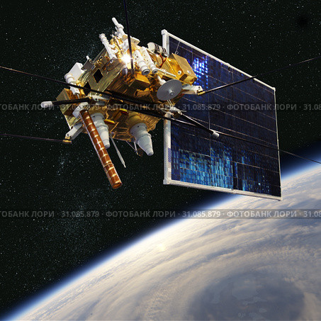 Modern meteorological satellite at the Earth orbit. Стоковая иллюстрация, иллюстратор Александр Володин / Фотобанк Лори