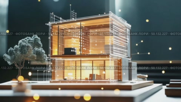 Modern, multi-story house with glass walls is overlaid with a digital network of glowing lines and dots, suggesting smart home integration and connectivity. Стоковое AI-видео, аниматор Елена Никишина / Фотобанк Лори