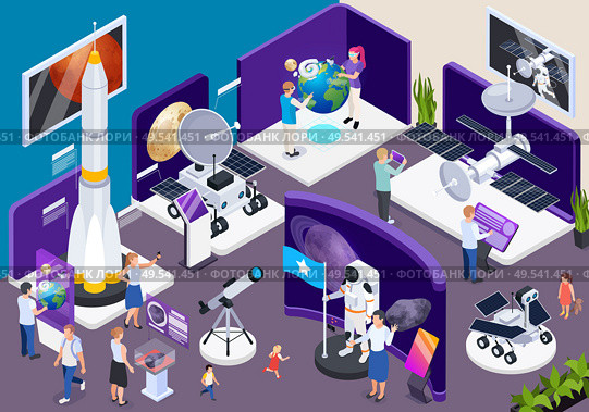 Modern museum astronomical exhibition hall isometric composition with telescopes spacecraft interactive virtual space travel adventure vector illustration. Стоковая иллюстрация, агентство Ingram Publishing / Фотобанк Лори