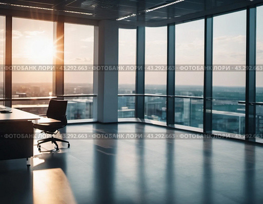 Modern office conference room with large windows overlooking city skyline. Professional inviting atmosphere. Natural light, highlighting sleek, contemporary design. Business negotiations concept. AI. Стоковое AI-изображение, AI-художник Юлия Петровская / Фотобанк Лори