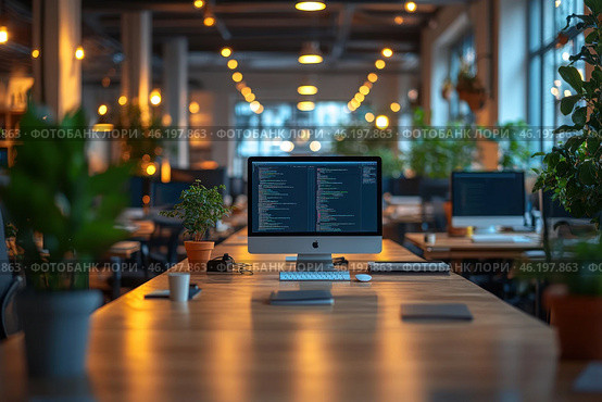 Modern open-plan office. In the center of the frame, an iMac with an open code editor sits on a wooden table, indicating that a programmer is working. The office is filled with green potted plants, giving the interior a cozy atmosphere. The lighting is warm, with many lamps creating a soft glow. In the background, other workstations with computers are visible, but without people, creating a feeling of silence and productivity. A spacious, well-organized coworking center or IT office with a minimalist design and biophilic elements. Стоковое AI-изображение, AI-художник Анна Кривицкая / Фотобанк Лори