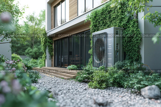 Modern private residence with large window and wooden terrace. An air conditioning system or heat pump is installed on the wall of the building. The facade of the building is decorated with green climbing plants, which create a harmonious and environmentally friendly appearance. In the foreground is a well-kept garden with ornamental plants and a gravel path that leads to the terrace. The stage is surrounded by greenery, which creates a feeling of comfort and closeness to nature. Стоковое AI-изображение, AI-художник Анна Кривицкая / Фотобанк Лори