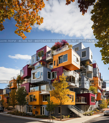 Modern residential building in multicolored colors. Generated by AI. Стоковое AI-изображение, AI-художник Ярославский Максим / Фотобанк Лори