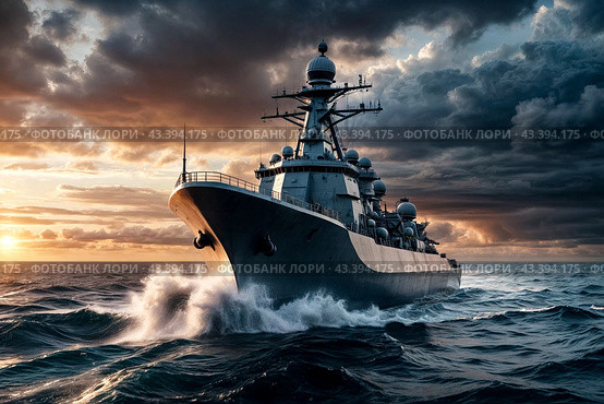Modern rocket cruiser military warship sailing in open stormy sea at sunset cloudy sky, naval military control of sea. Protection of water state borders. Naval forces army concept. Copy ad text space. Стоковое AI-изображение, AI-художник Aleksandr Golubev / Фотобанк Лори