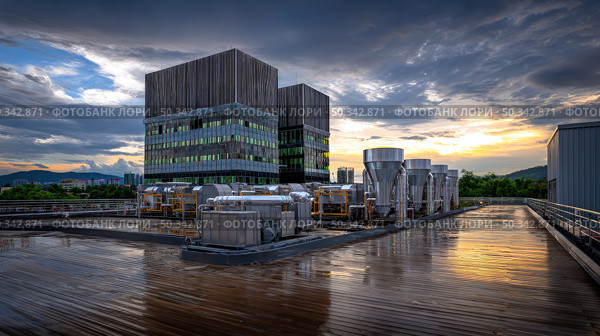 Modern rooftop with HVAC systems on wet wooden deck at sunset. Стоковое AI-изображение, AI-художник Катерина Бондарец / Фотобанк Лори