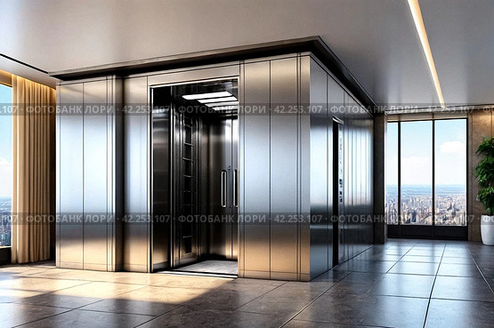 Modern steel elevator cabin in house or multi-apartment skyscraper. Background of interior floor of elevator platform with elevators and sunlight in business center. Copy space for site. Стоковое AI-изображение, AI-художник Aleksandr Golubev / Фотобанк Лори