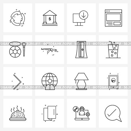 Modern Style Set of 16 line Pictograph Grid based contour brush, brush, desktop, bronzer brush, web Vector Illustration. Стоковая иллюстрация, агентство Ingram Publishing / Фотобанк Лори
