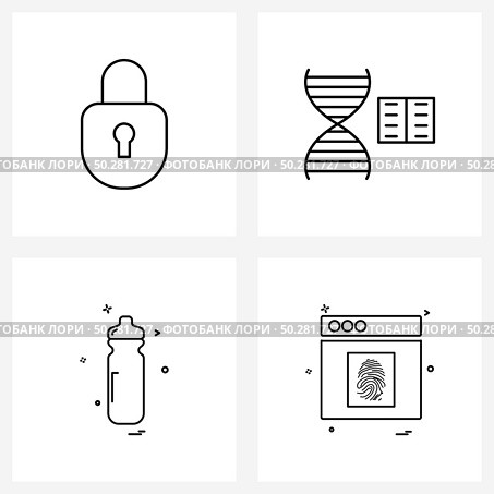 Modern Style Set of 4 line Pictograph Grid based locked; games; protected; medical; water bottle Vector Illustration. Стоковая иллюстрация, агентство Ingram Publishing / Фотобанк Лори