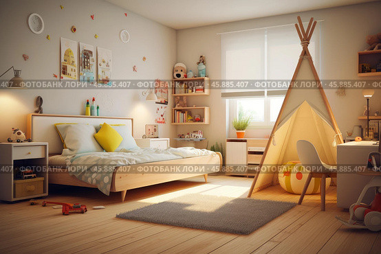 Modern sunny kids bedroom with teepee tent and toys displaying comfort and creativity. Стоковое AI-изображение, AI-художник Иван Рябоконь / Фотобанк Лори