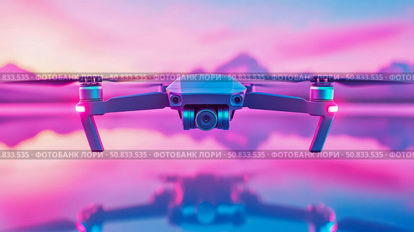 Modern technological equipment: A Quadcopter Drone hovering with a bright vivid colored sunrise. Стоковое AI-изображение, AI-художник Данила Большаков / Фотобанк Лори