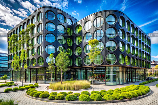 Modern urban ecology. Reducing carbon dioxide emissions in the city. An environmentally friendly stylish building with planted green plants to normalize the oxygen content in the air. Стоковое AI-изображение, AI-художник Photojuli / Фотобанк Лори