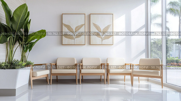 Modern waiting room with natural light, minimalist beige chairs, indoor plants, and botanical artwork, creating a serene and professional atmosphere. Стоковое AI-изображение, AI-художник Катерина Бондарец / Фотобанк Лори