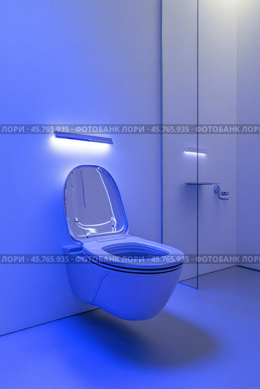 Modern white toilet illuminated with blue ambient light in a contemporary bathroom. Стоковое AI-изображение, AI-художник Юрий Поздников / Фотобанк Лори