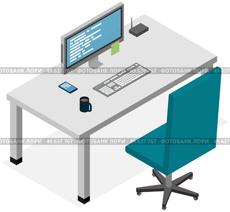 Modern workplace flat design. Office chair and office desk with computer monitor, keyboard, router, screen and cup of coffee Furniture and equipment for workplace of an employee or office worker. Modern workplace flat design. Office chair and office desk with computer monitor, keyboard, router. Стоковая иллюстрация, агентство Ingram Publishing / Фотобанк Лори