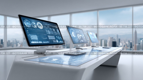 Modern workplace showing futuristic desktop computers showing charts and data visualizations. Стоковое AI-изображение, AI-художник Юрий Поздников / Фотобанк Лори