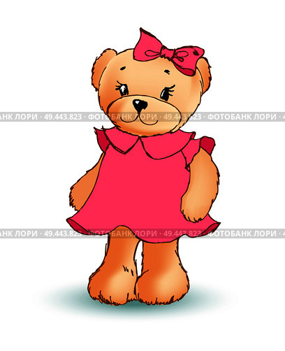 Modest female teddy bear wearing pink dress and bow on its head, shy fluffy toy, poster and image vector illustration isolated on white background. Modest Female Teddy Bear, Vector Illustration. Стоковая иллюстрация, агентство Ingram Publishing / Фотобанк Лори