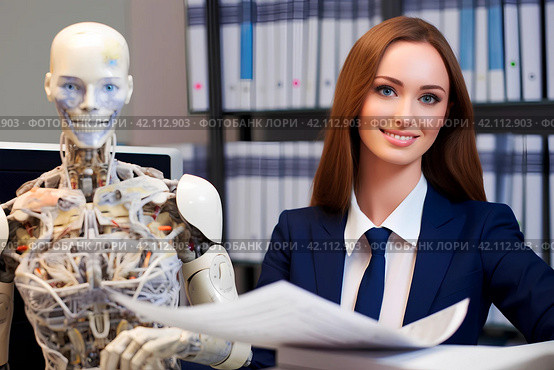 Молодая девушка и робот работают в офисе. Стоковое AI-изображение, AI-художник Щеголева Ольга / Фотобанк Лори