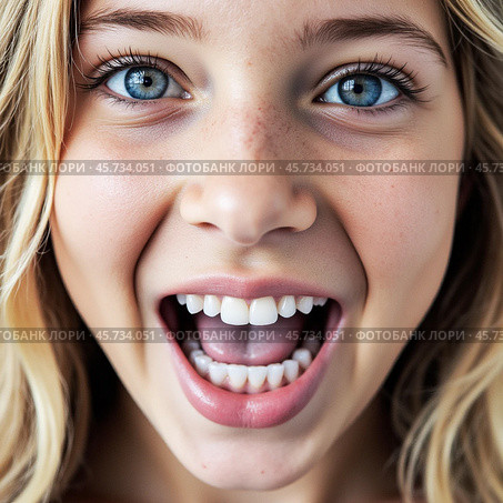 Молодая девушка с открытым ртом.Портрет. Крупный план. Young girl with open mouth. Portrait. Close-up. Стоковое AI-изображение, AI-художник Гер Олег / Фотобанк Лори