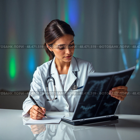 Молодая девушка - врач рассматривает рентгеновский снимок. A young female doctor examines an X-ray. Стоковое AI-изображение, AI-художник Смирнова Светлана / Фотобанк Лори