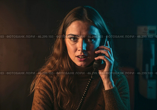 Молодая женщина, сидя в тёмном помещении, напряженно говорит по телефону. Она кажется напуганной и осознает, что может стать жертвой телефонного мошенничества. Стоковое AI-изображение, AI-художник Сергей Никифоров-Гордеев / Фотобанк Лори