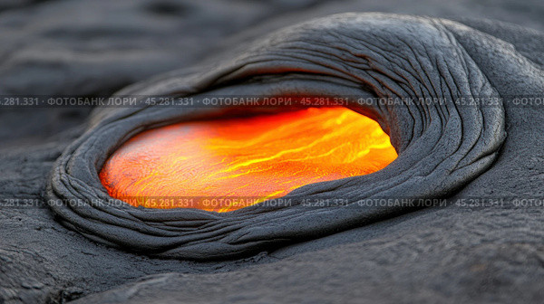 Molten lava glows through a fissure in hardened volcanic rock, AI. Стоковое AI-изображение, AI-художник Сергей Старуш / Фотобанк Лори