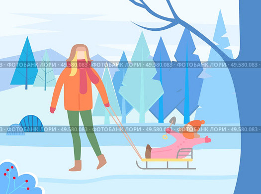 Mom and child in winter park, female pulling kiddo sitting on sleds. Happy kid wearing warm clothes. Mommy and daughter in forest with pine trees and bushes with snowy tops. Vector in flat style. Mother and Child Sitting on Sleds in Winter Park. Стоковая иллюстрация, агентство Ingram Publishing / Фотобанк Лори