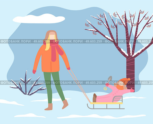 Mom and kid spending weekends in winter park. Female character pulling sleds with daughter playing with toy spade. Landscape with dry trees and bushes covered with snow. Wintry day vector in flat. Mother and Daughter on Sleds with Toy Spade Park. Стоковая иллюстрация, агентство Ingram Publishing / Фотобанк Лори
