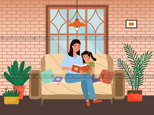 Mom telling fairy tales while putting her daughter to sleep at bed time. Mother reads book to her child at night. Family spends time together before bed. Parent and child are reading literature. Mom telling fairy tales to her daughter at bed time. Mother is reading book to child at night. Стоковая иллюстрация, агентство Ingram Publishing / Фотобанк Лори
