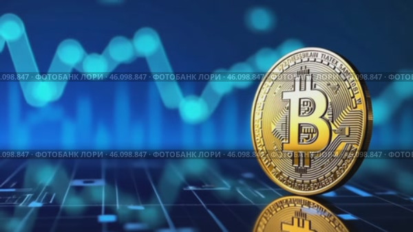 Монета биткоина  на синем фоне с графиком. Стоковое AI-видео, аниматор Анжелика Самсонова / Фотобанк Лори