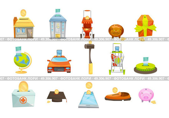 Money Box Concept Elements. Money box isolated icons set with conceptual images of various valuable goods with slots for coins vector illustration. Стоковая иллюстрация, агентство Ingram Publishing / Фотобанк Лори