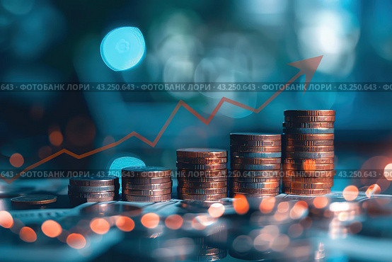 Money coin stack growing graph investment. Finance save. Success, growth wealth stock market. Business in the digital age. Trading chart in financial concepts. Prosperity. Cryptocurrency. Technology. Стоковое AI-изображение, AI-художник Марина Демидюк / Фотобанк Лори