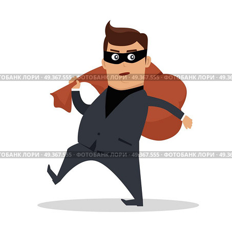Money Stealing Concept Flat Design Vector. Money stealing concept vector. Flat design. Financial crime, tax evasion, money laundering, political corruption illustration. Robbery. Man in a business suit, in mask carrying a bag of money on back. Стоковая иллюстрация, агентство Ingram Publishing / Фотобанк Лори
