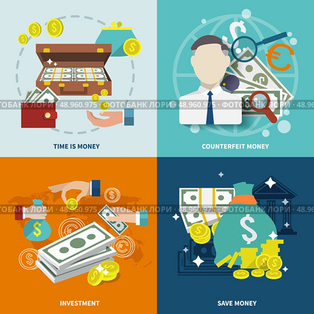 Money wealth market exchange  flat icons set with counterfeit investment isolated vector illustration. Стоковая иллюстрация, агентство Ingram Publishing / Фотобанк Лори