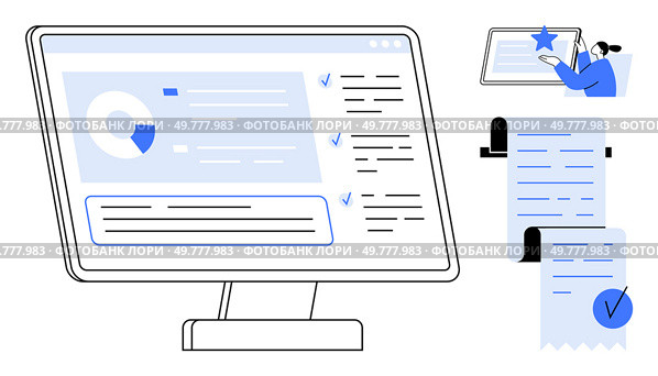Monitor screen showing data analytics and task management with checklists and pie chart. Person checking details on responsive device. Ideal for productivity, efficiency, digital tools, data. Efficient Task Management and Data Analytics on Digital Platform. Стоковая иллюстрация, агентство Ingram Publishing / Фотобанк Лори