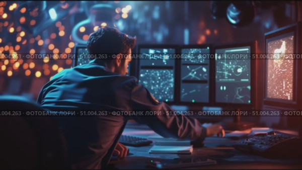 Monitoring data in a high-tech control room at night with multiple screens displaying information. Стоковое AI-видео, аниматор Сергей Толмачёв / Фотобанк Лори