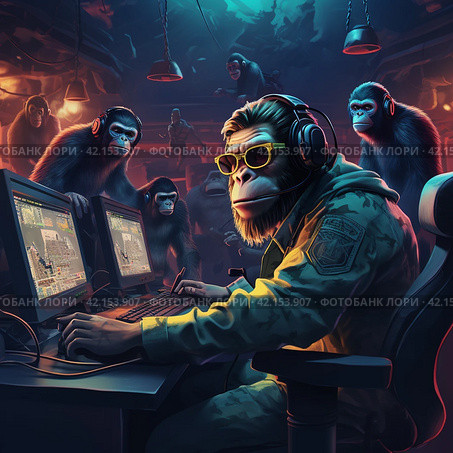 Monkeys in military uniform at the computer, NATO,Generative AI. Стоковое AI-изображение, AI-художник Анна Кривицкая / Фотобанк Лори