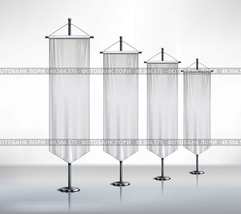 Monochrome composition with four isolated blanc pennants of different sizes  attached to metal pedestals standing on smooth surface realistic vector illustration. Стоковая иллюстрация, агентство Ingram Publishing / Фотобанк Лори